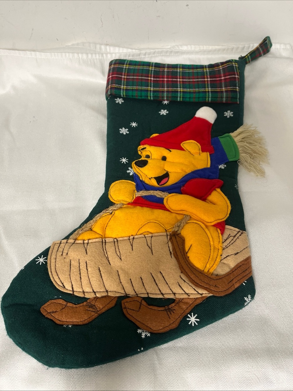 Disney Winnie the Pooh Christmas Stocking 3D Felt Vintage Walt Disney Plaid Sled